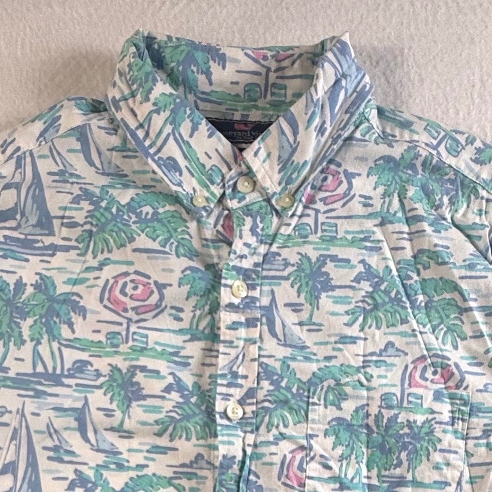 Vineyard Vines Murray Shirt Mens Medium Slim Fit‎ Tropical Sailboat Print White